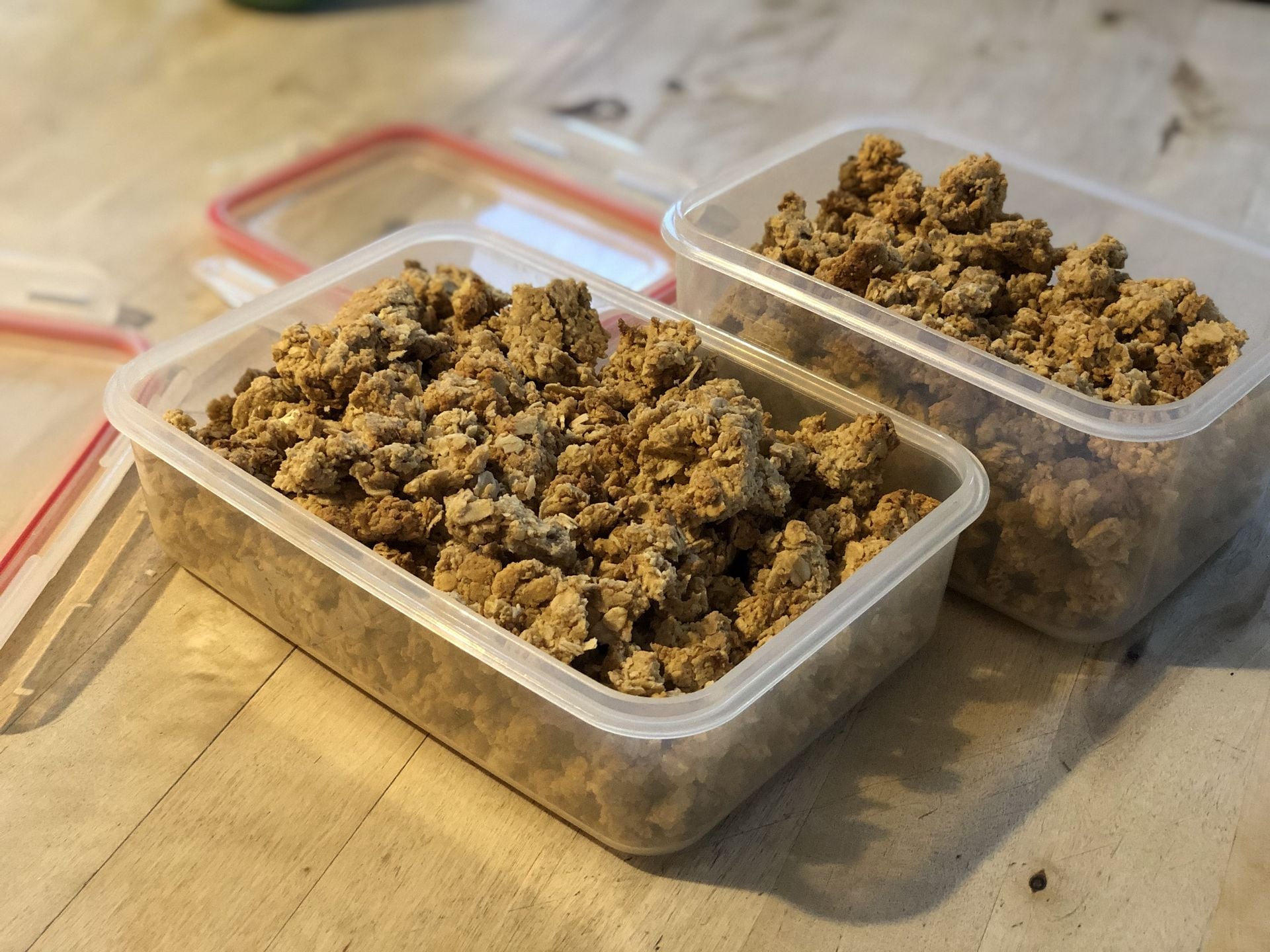 Finished granola in boxes